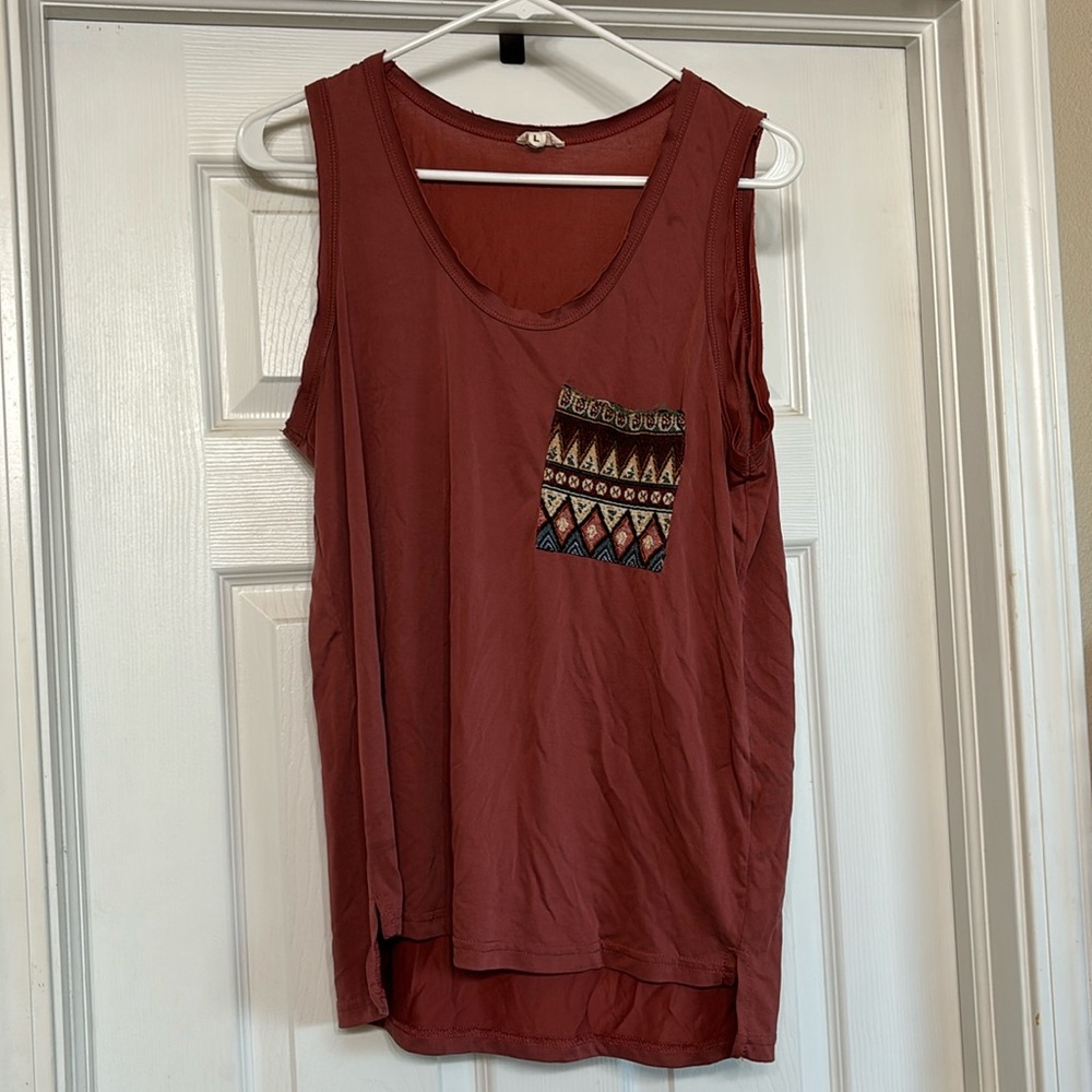 Mauve Colored, Aztec Style Shirt Pocket Tank Top
